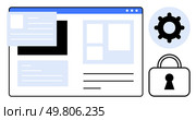 Website interface with layout elements, settings gear, and security lock. Ideal for web design, cybersecurity, data privacy, user access control, software development secure browsing themes. Line. Website Interface with Security Lock and Settings Gear for User Privacy and Configuration. Стоковая иллюстрация, агентство Ingram Publishing / Фотобанк Лори