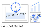 Graph with line chart and target, increasing bar chart, and e-commerce interface with people shopping. Ideal for business strategy, market analysis, sales growth, financial planning, e-commerce, data. Business Analytics with Graphs, Targeting Metrics, and E-commerce Elements Highlighting Growth. Стоковая иллюстрация, агентство Ingram Publishing / Фотобанк Лори