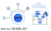 DEFI at the center with icons for home, shopping cart, heart, settings, and people using e-commerce. Ideal for fintech, online shopping, digital marketing, e-commerce financial tech user. Visual Representation of Decentralized Finance Activities and Online Shopping Concept. Стоковая иллюстрация, агентство Ingram Publishing / Фотобанк Лори