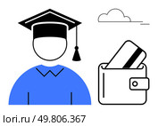 Student wearing graduation cap, wallet holding card, and cloud. Ideal for education, student finance, budgeting, scholarships, career planning graduation debt management. Line metaphor. Student with Graduation Cap Next to Wallet with Card Reflecting Education Costs and Financial Planning. Стоковая иллюстрация, агентство Ingram Publishing / Фотобанк Лори
