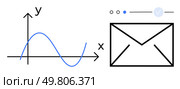 Graph showing sinusoidal curve on x and y axes next to an envelope denoting email notification. Ideal for business analytics, data monitoring, communication, academic presentations, email marketing. Email notification and graph curve with x and y axes representing data analysis. Стоковая иллюстрация, агентство Ingram Publishing / Фотобанк Лори