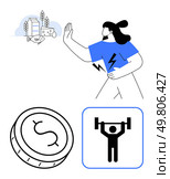 Person avoiding food with a fitness icon and a dollar coin. Ideal for wellness, nutrition, fitness, financial planning, healthy lifestyle, personal finance, motivation. Line metaphor. Person avoiding certain foods, fitness icon, and dollar coin depicting health, fitness, and finance themes. Стоковая иллюстрация, агентство Ingram Publishing / Фотобанк Лори