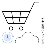 Shopping cart, cloud outline, and clock with arrow represent e-commerce, cloud storage, and time management. Ideal for online shopping, digital transactions, cloud computing, logistics efficiency. Shopping cart with cloud storage and time management concepts for modern online retailing. Стоковая иллюстрация, агентство Ingram Publishing / Фотобанк Лори