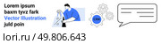 Business professional analyses data, CRM gear icons for customer relationship management. Speech bubble symbolizes communication. Ideal for business strategies, CRM systems, data management, customer. Integrating CRM Systems with Effective Communication and Data Analysis for Business Efficiency. Стоковая иллюстрация, агентство Ingram Publishing / Фотобанк Лори