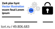 Secure CRM integration gear with blue CRM text, lock symbol, and placeholder text. Ideal for website security, data protection, CRM systems, technology interfaces, business presentations, software. Secure CRM Integration Gear with Lock Symbol and Text in Black and Blue. Стоковая иллюстрация, агентство Ingram Publishing / Фотобанк Лори