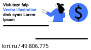 Businesswoman pointing to dollar icon with placeholder text and lines. Ideal for finance, business advice, economic strategies, investment, consulting services, fiscal planning, and educational. Financial Guidance Concept with Businesswoman Pointing to Dollar Icon. Стоковая иллюстрация, агентство Ingram Publishing / Фотобанк Лори