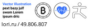 Bitcoin symbol, heart with electrocardiogram, and figure performing exercise represent finance, health, and fitness. Ideal for fintech apps, health monitoring systems, fitness platforms, financial. Diverse Vector Icons Depicting Cryptocurrency, Health Monitoring, and Fitness Activities. Стоковая иллюстрация, агентство Ingram Publishing / Фотобанк Лори