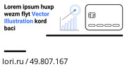 Credit card icon and increasing bar chart with target point. Black and blue lorem ipsum text. Ideal for financial analytics, investment overview, business presentations, fintech, data visualization. Vector illustration of a credit card and bar chart with lorem ipsum text for financial analytics. Стоковая иллюстрация, агентство Ingram Publishing / Фотобанк Лори