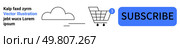 Cloud, shopping cart with notification, and large blue subscribe button. Ideal for websites, online stores, newsletters, calls to action, digital services, web applications, and user interfaces. Cloud Computing and E-commerce Icons with Subscription Button for Websites or Landing Pages. Стоковая иллюстрация, агентство Ingram Publishing / Фотобанк Лори