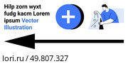 Man carrying shopping bags, a blue plus sign, black arrow pointing left, and text with random characters. Ideal for online shopping, marketing, delivery services, e-commerce, navigation text layout. Man Carrying Shopping Bags Next to Plus Sign and Text with Black Arrow Pointing Left. Стоковая иллюстрация, агентство Ingram Publishing / Фотобанк Лори