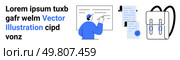 Character writing on whiteboard, documents with attached clipboards, and a backpack. Ideal for educational content, e-learning platforms, online courses, student resources, academic presentations. Character at Whiteboard, Documents with Clipboard, and Backpack for Educational Themes. Стоковая иллюстрация, агентство Ingram Publishing / Фотобанк Лори