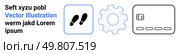 Footprint, cogwheel, and card icons alongside lorem ipsum text. Ideal for financial services, technology integration, digital transformation, user onboarding, navigation guidance, process automation. Steps, Gear, and Credit Card Icons for Financial Services and Technology Applications. Стоковая иллюстрация, агентство Ingram Publishing / Фотобанк Лори