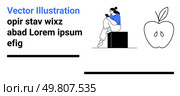 Woman sitting on block reading tablet, black and white apple outline, placeholder text, two black horizontal bars. Ideal for education, technology, reading, lifestyle, digital content health. Woman Sitting on Block Reading a Tablet Near Apple and Text Placeholders. Стоковая иллюстрация, агентство Ingram Publishing / Фотобанк Лори
