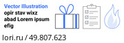 Gift box with ribbon, checklist on clipboard with ticks, and flame icons accompanied by sample text. Ideal for presenting services, offers, agendas, marketing strategies, project planning, safety. Gift Box with Ribbon, Checklist on Clipboard, and Flame Icons with Sample Text - Minimalist Design. Стоковая иллюстрация, агентство Ingram Publishing / Фотобанк Лори