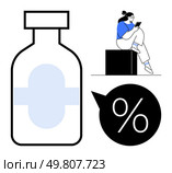 Medicine bottle next to person using tablet seated on block and percentage symbol in speech bubble. Ideal for healthcare, pharmacy, dosage tracking, medical research, patient care, pharmaceutical. Person Using Tablet with Medicine Bottle and Percentage Symbol for Healthcare Analysis. Стоковая иллюстрация, агентство Ingram Publishing / Фотобанк Лори