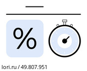 Percentage symbol inside light blue square, stopwatch with white face and black outline, horizontal line above. Ideal for finance, time management, efficiency, interest rates, deadlines, punctuality. Timely Interest Calculation Graphic Featuring Percentage Symbol and Stopwatch. Стоковая иллюстрация, агентство Ingram Publishing / Фотобанк Лори