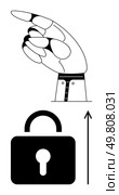 Robotic hand points upward above padlock and arrow. Ideal for themes of technology, innovation, security, direction, advancement, guidance, and futurism. Line metaphor. Robotic Hand Pointing Upward Highlights Security and Innovation in Technology. Стоковая иллюстрация, агентство Ingram Publishing / Фотобанк Лори