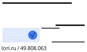 Blue circle with a check mark inside, positioned below black horizontal lines symbolizing text. Ideal for approval processes, authentication, quality assurance, certification, validation, compliance. Verification stamp on document with black lines representing text and blue check mark. Стоковая иллюстрация, агентство Ingram Publishing / Фотобанк Лори
