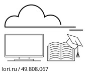 Computer monitor beside an open book with a graduation cap, supported by a cloud depiction. Ideal for online learning, digital education, e-learning platforms, virtual classrooms, academic resources. Educational Technology Concept with Computer Monitor, Open Book, Graduation Cap, and Cloud. Стоковая иллюстрация, агентство Ingram Publishing / Фотобанк Лори