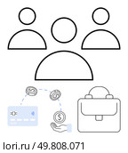 Three people icons, credit card, hand with coins, and briefcase representing business transactions. Ideal for finance, team collaboration, banking, investments, payroll online payments and business. Three People Icons with Payment Elements Highlighting Financial Transactions and Business. Стоковая иллюстрация, агентство Ingram Publishing / Фотобанк Лори