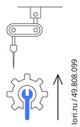 Robotic arm precisely aligning with a cogwheel, featuring a blue wrench and an upward arrow. Ideal for themes of automation, technology, engineering, manufacturing, innovation, progress. Robotic Arm Assembling Gear with Wrench Icon and Upward Arrow Emphasizing Progress in Automation. Стоковая иллюстрация, агентство Ingram Publishing / Фотобанк Лори