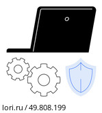 Laptop with gearwheels and shield indicating themes thumbs up device security, efficiency, and safety. Ideal for IT management, cybersecurity, software updates, tech support, secure browsing, system. Laptop with Gearwheels and Shield Representation Focusing on Security, Maintenance, and Protection. Стоковая иллюстрация, агентство Ingram Publishing / Фотобанк Лори