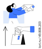 Person handing envelope with unread notifications hand holding shopping bag with discount tag. Ideal for communication, e-commerce, shopping, marketing, business, online stores, promotions. Line. Person Receiving Email and Hand Holding Shopping Bag with Discount Tag, Highlighting Communication and Shopping. Стоковая иллюстрация, агентство Ingram Publishing / Фотобанк Лори