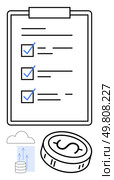 Checklist on clipboard with three checked boxes, cloud uploading data, and coin with dollar sign. Ideal for project management, data storage, financial planning, organization, productivity, task. Three-box checklist on clipboard with cloud data upload and coin representing financial metrics. Стоковая иллюстрация, агентство Ingram Publishing / Фотобанк Лори