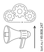Gears inside cloud megaphone below upward arrow. Ideal for themes of technology, innovation, digital marketing, growth, communication, strategy, progress. Line metaphor. Cloud Computing and Digital Marketing Innovation with Growth Symbolism. Стоковая иллюстрация, агентство Ingram Publishing / Фотобанк Лори