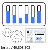 Bar chart with blue bars, two gears, and interface with search bar and graph. Ideal for business strategy, data analysis, progress tracking, market research, technology engineering. Line metaphor. Data Visualization with Bar Chart and Interface Elements for Analysis. Стоковая иллюстрация, агентство Ingram Publishing / Фотобанк Лори