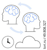 Two human head silhouettes with brain illustrations, clock, and cloud symbolizing idea exchange and time management. Ideal for teamwork, collaboration, brainstorming, time management, creativity. Brainstorming Session with Two Silhouettes, Clock, and Cloud Highlighting Idea Exchange. Стоковая иллюстрация, агентство Ingram Publishing / Фотобанк Лори