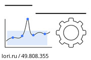 Graph with plotted blue points upward trend line and gear symbol. Ideal for analytics, growth analysis, technology, innovation, strategy, development, and engineering. Line metaphor. Data Trends and Process Optimization Analyzing Growth through Technology. Стоковая иллюстрация, агентство Ingram Publishing / Фотобанк Лори