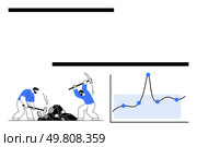 Two figures digging for data alongside graph with fluctuating line and points. Ideal for teamwork, data science, analysis, research, collaboration, strategy development. Line metaphor. Data Mining and Analysis Harnessing Teamwork for Insightful Graph Interpretation. Стоковая иллюстрация, агентство Ingram Publishing / Фотобанк Лори