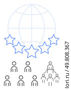 Five blue stars below a light blue globe with a team hierarchy diagram. Ideal for success, teamwork, global reach, excellence, leadership, collaboration, achievement. Line metaphor. Global Achievement with Five Stars and Hierarchical Team Representation in Black and Blue. Стоковая иллюстрация, агентство Ingram Publishing / Фотобанк Лори