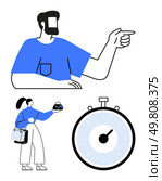 Man with beard pointing woman with shopping bags holding burger large clock with timer. Ideal for time management, efficiency, direction, lifestyle, consumerism, decision making, punctuality. Line. Man Pointing, Woman Shopping with Bags, and Large Clock Representing Time Management and Efficiency. Стоковая иллюстрация, агентство Ingram Publishing / Фотобанк Лори