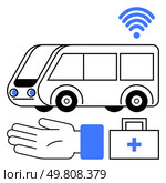 Bus, wireless symbol, outstretched hand, first aid kit. Ideal for smart city planning, public health, technology integration, transportation, safety programs emergency preparedness modern. Smart Public Transportation System with Health and Safety Features. Стоковая иллюстрация, агентство Ingram Publishing / Фотобанк Лори