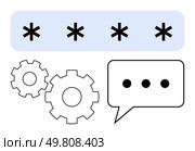 Password with asterisks, three gears, and a speech bubble with ellipsis indicate security measures, technology, and communication. Ideal for cybersecurity, tech support, user interface design. Password Security and Communication Concept with Gears and Dialogue Bubble. Стоковая иллюстрация, агентство Ingram Publishing / Фотобанк Лори
