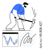 Worker swinging hammer towards graph chart. Ideal for financial strategy, market analysis, investment power, precision, economic impact, data-driven decisions, and financial growth. Line metaphor. Worker with hammer target graph in hand, showcasing power and precision in financial analysis. Стоковая иллюстрация, агентство Ingram Publishing / Фотобанк Лори