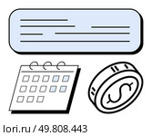 Calendar with marked dates, dollar coin symbolizing money, and a text box for notes. Ideal for budgeting, financial planning, scheduling, reminders, goal setting business strategy. Line metaphor. Financial Planning with Calendar, Dollar Coin, and Text Box for Notes and Calculations. Стоковая иллюстрация, агентство Ingram Publishing / Фотобанк Лори