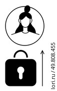 User profile in circle, padlock symbol, upward-pointing arrow. Ideal for security, privacy, access, user authentication, data protection account safety personal growth. Line metaphor. User Profile Icon with Lock and Up Arrow Representing Security and Ascendancy. Стоковая иллюстрация, агентство Ingram Publishing / Фотобанк Лори