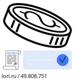 Dollar coin, signed contract, and check with verification mark. Ideal for finance, banking, contracts payments transactions accounting and business. Line metaphor. Line metaphor. Simple line icons. Dollar coin, a signed contract, and a check with a verification mark representing financial transactions. Стоковая иллюстрация, агентство Ingram Publishing / Фотобанк Лори