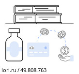 Books stacked, medicine bottle, credit card with wireless symbol, coins transferring into hand. Ideal for eLearning, eCommerce, healthcare, payment systems, financial transactions digital economy. Digital Payment Concept Books, Medicine Bottle, Credit Card, Coins, Hand. Стоковая иллюстрация, агентство Ingram Publishing / Фотобанк Лори