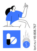 Person pointing upwards, medical pills icon, and coins falling representing healthcare costs. Ideal for medical advice, healthcare savings, financial management, medicine pricing, health insurance. Person pointing upwards with medical pills icon and coins falling symbolizing cost savings in healthcare. Стоковая иллюстрация, агентство Ingram Publishing / Фотобанк Лори