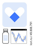 Blue and white heart-shaped pill emphasizes health, accompanied by a medicine bottle and a fluctuating financial chart. Ideal for healthcare, pharmaceuticals, investment, research, digital health. Blue and White Heart Shaped Pill with Medicine Bottle and Financial Chart Symbols. Стоковая иллюстрация, агентство Ingram Publishing / Фотобанк Лори