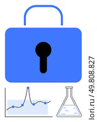 Large blue padlock symbolizes security. Graph and flask represent data protection in research. Ideal for cybersecurity, data management, science, technology, privacy, innovation, secure. Cybersecurity in Scientific Research Protecting Sensitive Data through Secure Networks. Стоковая иллюстрация, агентство Ingram Publishing / Фотобанк Лори
