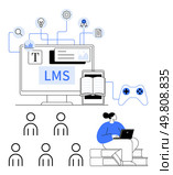 Computer displaying LMS features including text, data, images, book, and gamer controller. Users and a person with a laptop engaged in learning. Ideal for eLearning, education, online courses, user. Learning Management System Design with Education Tools and User Interaction Elements. Стоковая иллюстрация, агентство Ingram Publishing / Фотобанк Лори