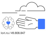 Brain with heart, hand reaching out, and cloud. Ideal for wellness, mental health, support, empathy, mindfulness cognitive care connection. Line metaphor. Brain with Heart, Hand Gesture, and Cloud Representing Mental Health and Support. Стоковая иллюстрация, агентство Ingram Publishing / Фотобанк Лори