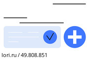 Blue checkmark inside a circle next to a plus sign in a circle over a light blue rectangular background with horizontal lines. Ideal for UIUX design, healthcare, updates, acceptance, addition. Blue Checkmark and Plus Sign on Light Blue Background with Horizontal Lines. Стоковая иллюстрация, агентство Ingram Publishing / Фотобанк Лори