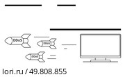 Missiles labeled DDoS heading towards a computer monitor. Ideal for cybersecurity, online threats, hacking, network attacks, cyber defense, IT security, and digital protection themes. Line metaphor. Cyber Attack Concept with DDoS Missiles Targeting a Computer Screen. Monochrome Line Diagram. Стоковая иллюстрация, агентство Ingram Publishing / Фотобанк Лори