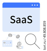 SaaS text in browser window, magnifying glass, credit card with NFC signal, flowing dollar coins, hand receiving money. Ideal for finance, cloud solutions, business, technology payments e-commerce. Financial SaaS concept with web, v07 page, magnifying glass, credit card, dollar coins, and hand receiving money. Стоковая иллюстрация, агентство Ingram Publishing / Фотобанк Лори